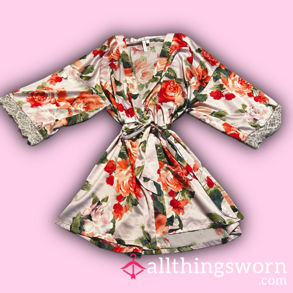 Pink Satin Rose Print Robe