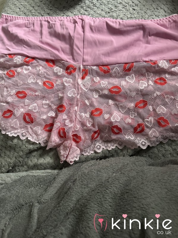 Pink Satin/lace Panties With Kisses