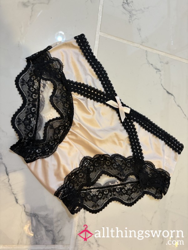 Pink Silk/satin With Black Lace With Sheer Back.