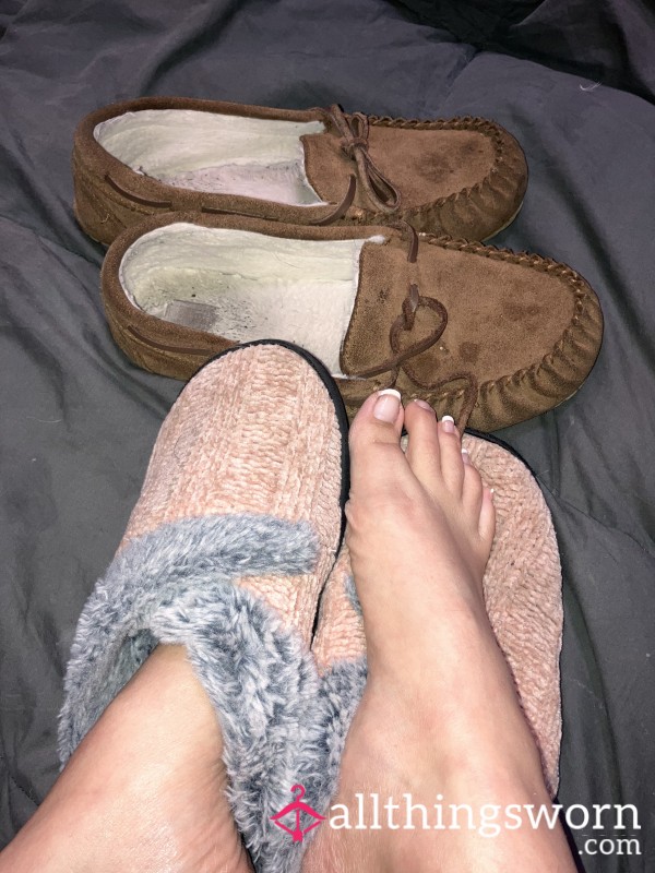 Pink Slipper & Tan Moccasin Foot Fetish Combo With Free Sock