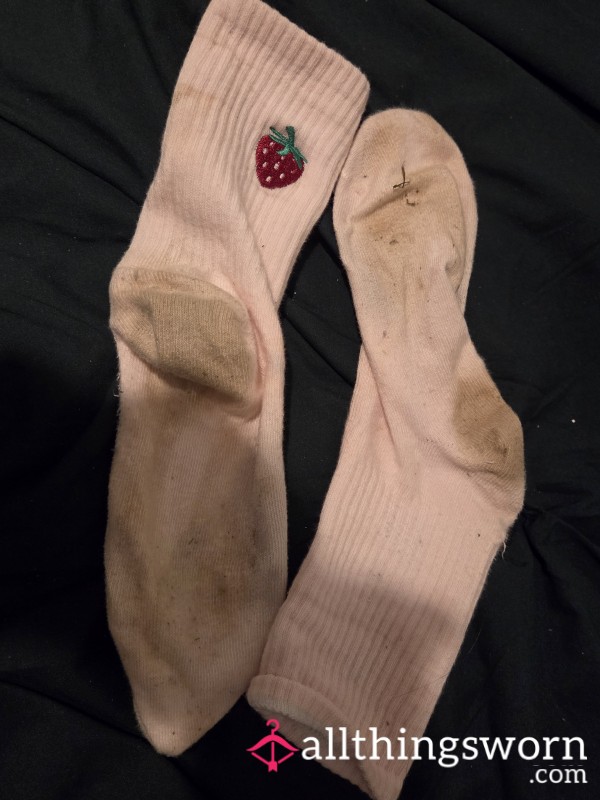 Pink Sports Socks With Strawberry Detail. Wet And Smelly