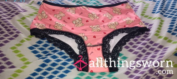 Pink Teddy Bear Cotton Brief Panties W/Lace Trim Size- XL