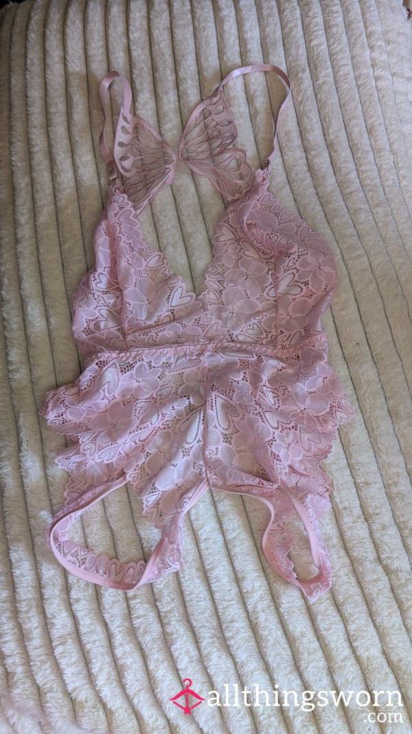 Pink Teddy Crotchless Bodysuit - Bu*terfly Detail On Back  (SIZE M/L)