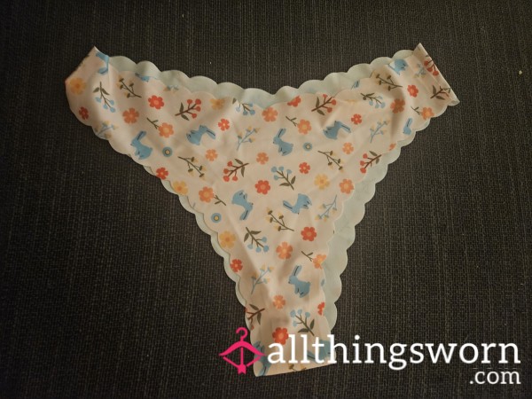 Pink Thong With Bunnies And Flowers Satin Like Large