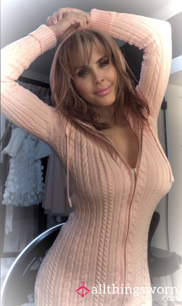 Pink Tight Fit Dress Wore For Post On OF Size Small Zip Down Front With Hood. Knee Above Knee Length