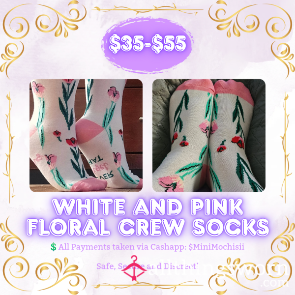 White And Pink Flor*l Crew Socks