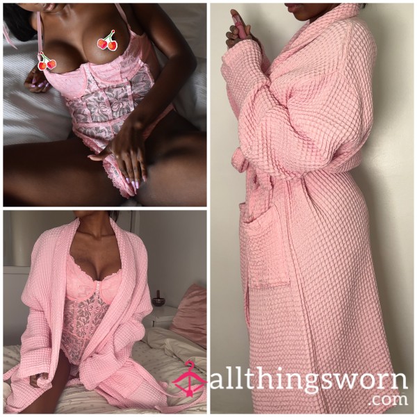 Pink Waffle Knit Well-Worn Robe + Pink Lace Slim Body Suit And 30 Pics Professional G -Drive In Body Suit