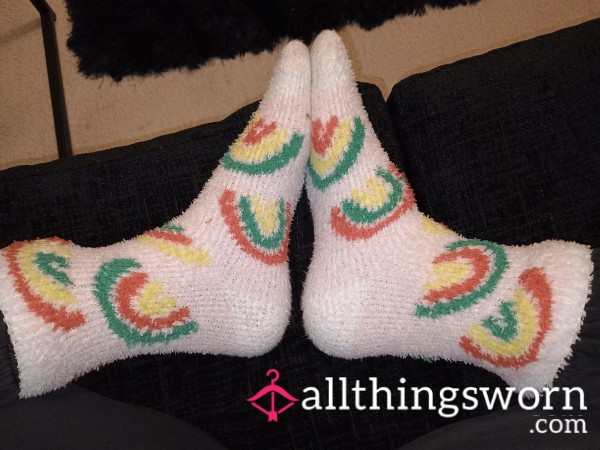 Pink White Green Red And Yellow Rainbow Fluffy Socks