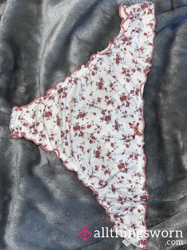 Pink+White Rose Ruffle Thong XXL