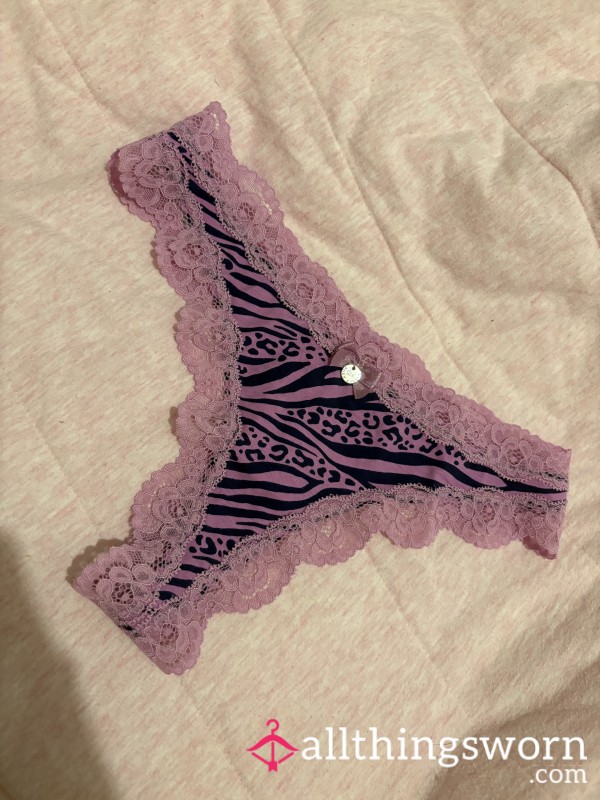 Pinky/purple Lace And Cotton Zebra And Cheetah Print Box Avenue Thong