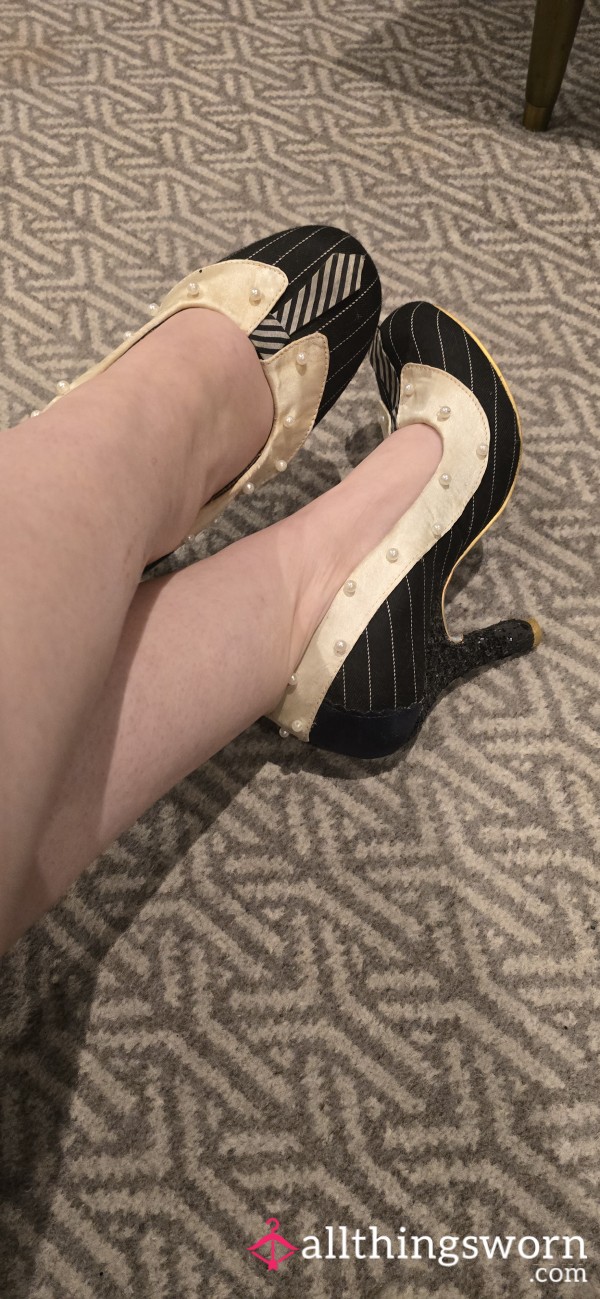 Pinstripe Naughty Heels Worn By Your Thick Goth Wife