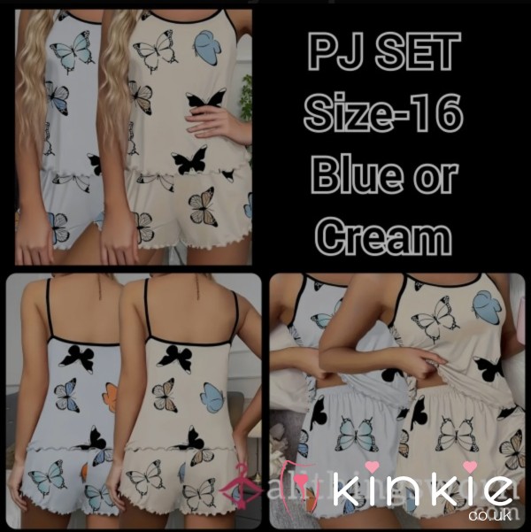 PJs Set S**y Top & Shorts Sleepwear With Bu*terflies 🦋 Blue Or Cream Sz 16