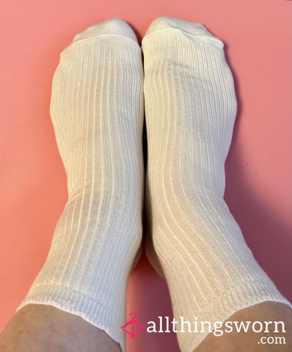 Plain White Ribbed M&S Crew Socks Worn For 24 Hours