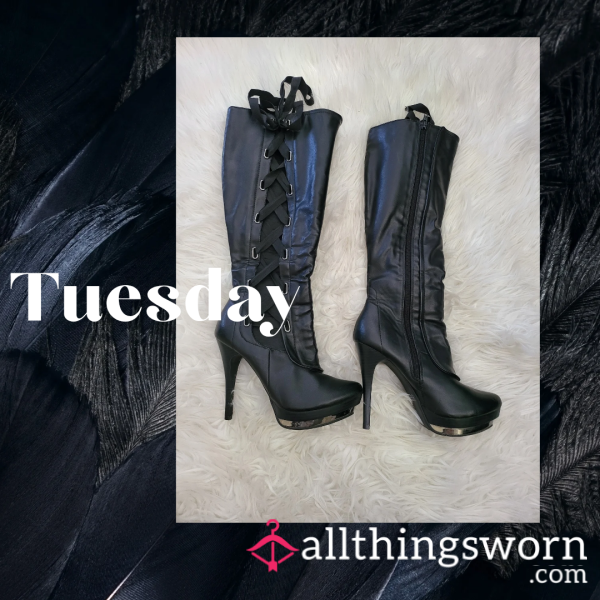 Platform Heel Knee High Faux Leather Boots