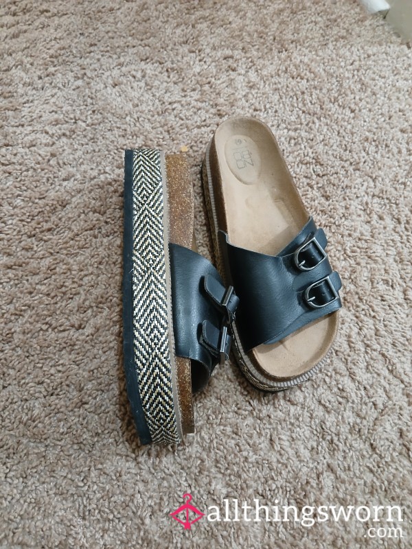 Platform Sandals, Well Worn, Black And Earth Tones