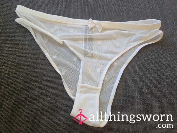 Playboy White Panty See Through With Play Boy Bunny Accents Size Extra Large