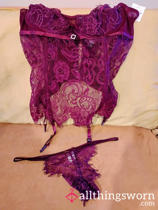 💜 Plum Lace Corset & G-String Set