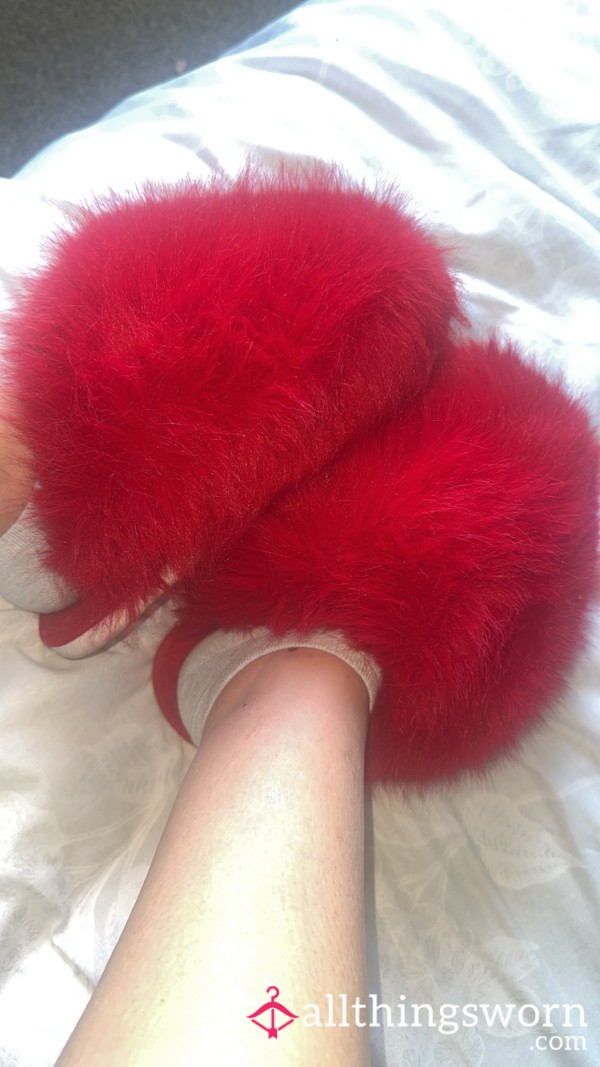 Plush Crimson Red Pom-pom Slippers
