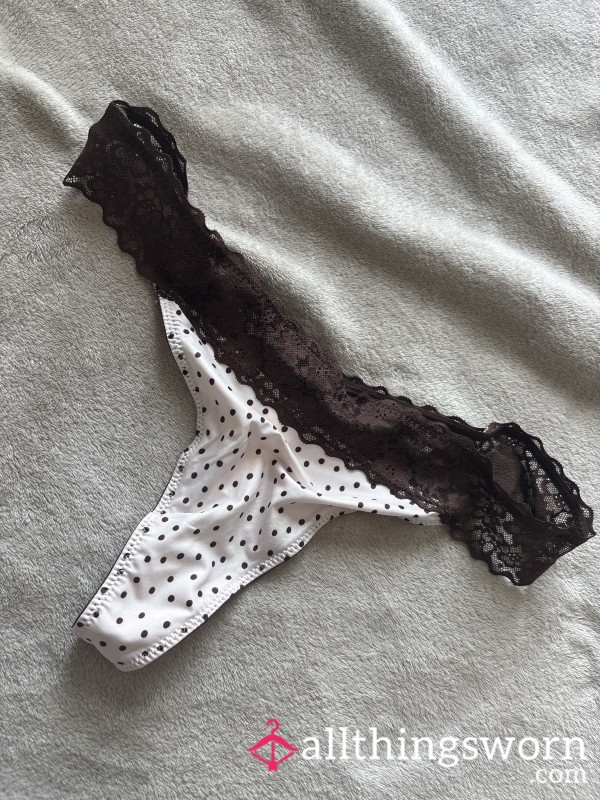 Polka Dot Baby Pink & Brown Used Lace Silk Smooth Thong Panties Knickers Uk Size 14