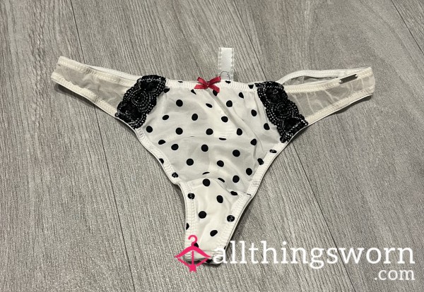 Polka Dot White & Black Worn Thong Front Bow Detail