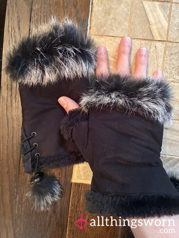 Polyester And Rabbit Fur, Fingerless Mittens