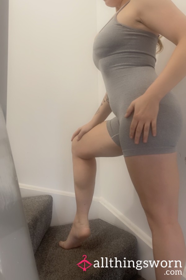 Post-Gym Tease In Grey Skin Tight Bodysuit