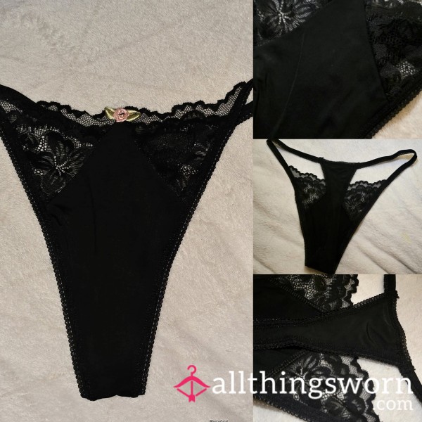 Pretty Black Lace Flower Detail Thong