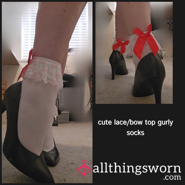 Pretty Frilly Lace Top Red Bow Back Girly Socks