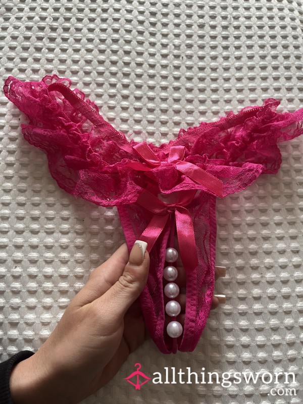 Pretty Pearl & Lace Crotchless Pink Thong