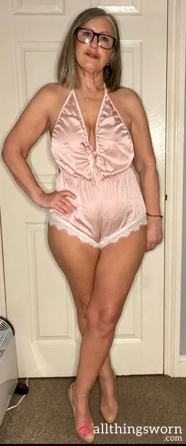 Pretty Pink Satin Bodysuit. S**y Halter Neck Style.