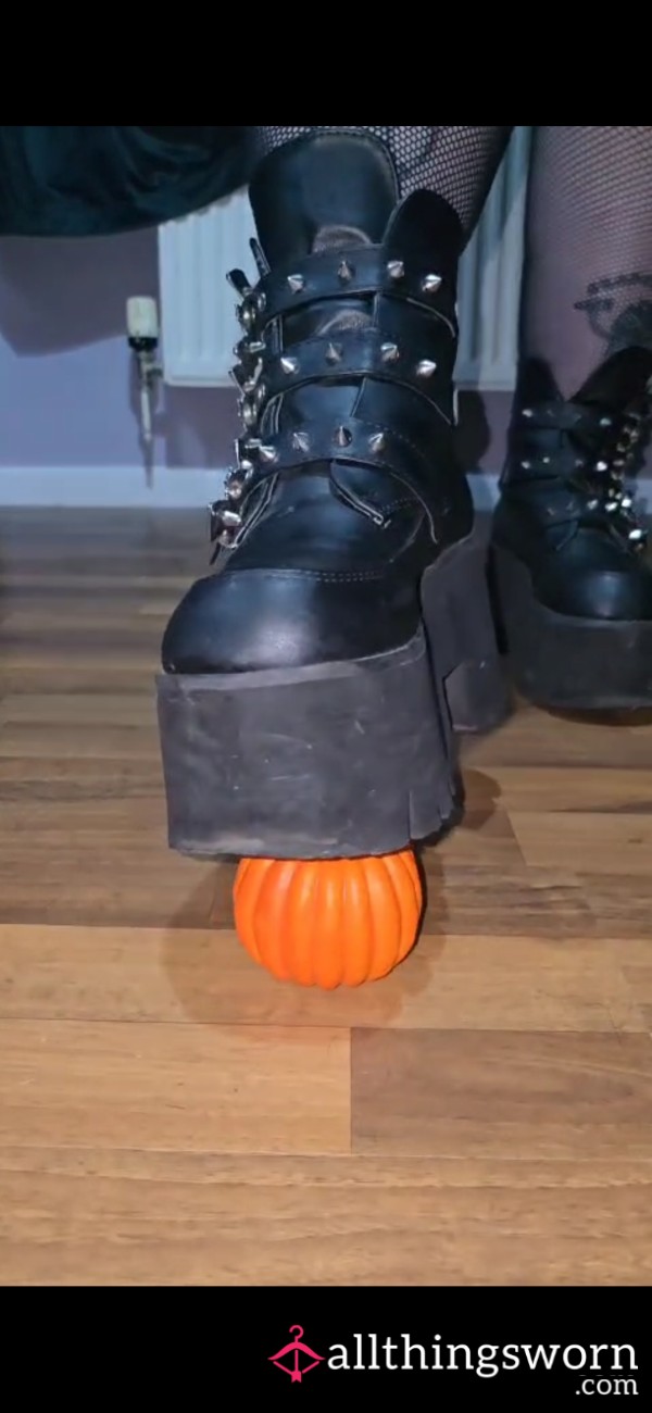 Pumpkin Decoration Crushing In Huge Goth Boots