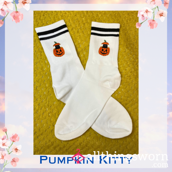 Pumpkin Kitty White Crew Socks 🐈‍⬛   - 2 Day Wear + 1 Workout Included - £15 😈 Longer Wears And International Shipping Available 🌍