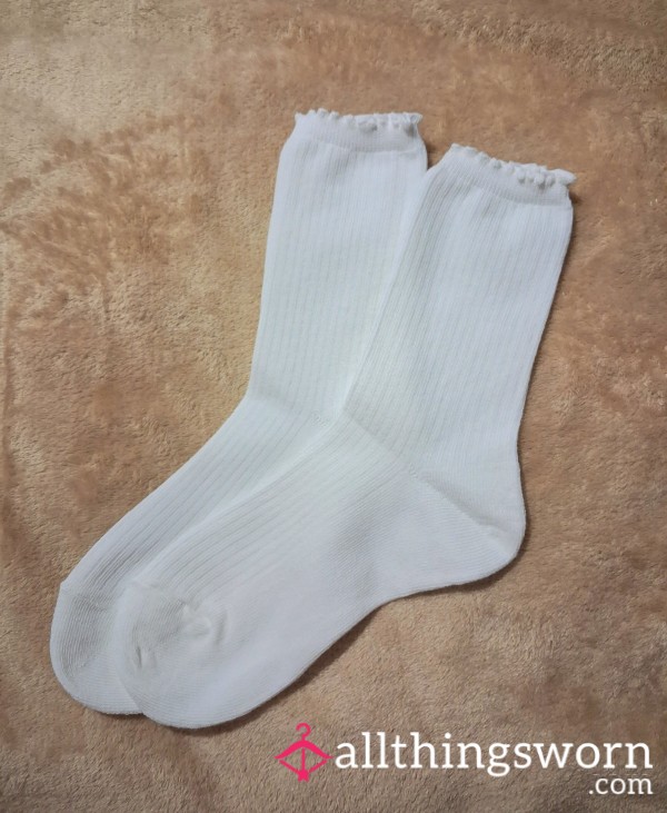 Pure White Frilly Top Long Cotton Socks | 24 Hour Wear Included