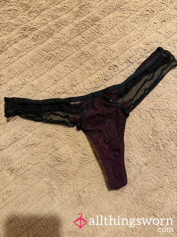 Purple And Black Lace Thong