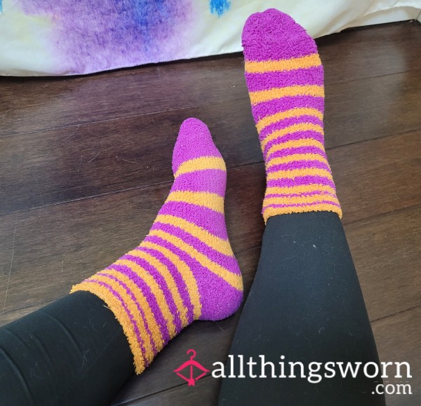Purple And Orange Striped Fuzzy Socks