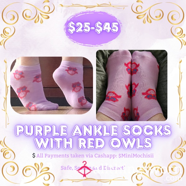 Light Purple Ankle Socks With Red Owls
