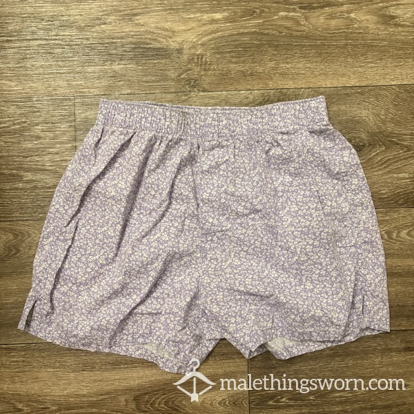 Purple Cotton Boxers With White Flowers