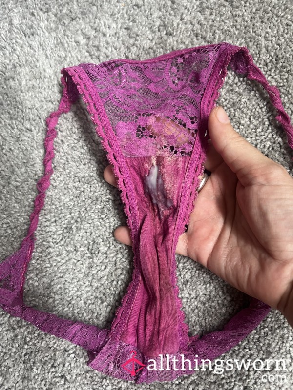 Purple Lace Cla**ic String Panties Creamy Used Rag