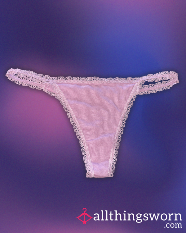 Purple Ribbed Cotton Thong With Lace Trim