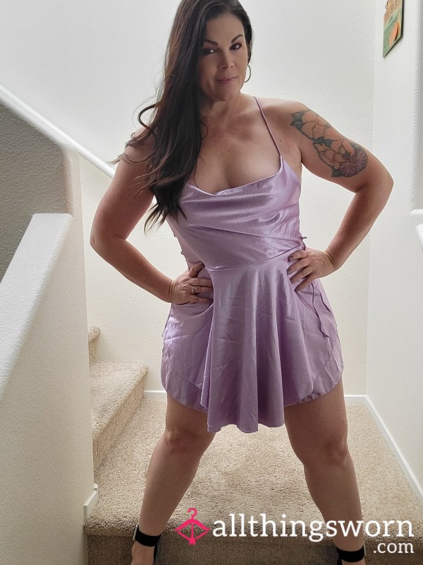 Purple Satin Dress White Panty Tease