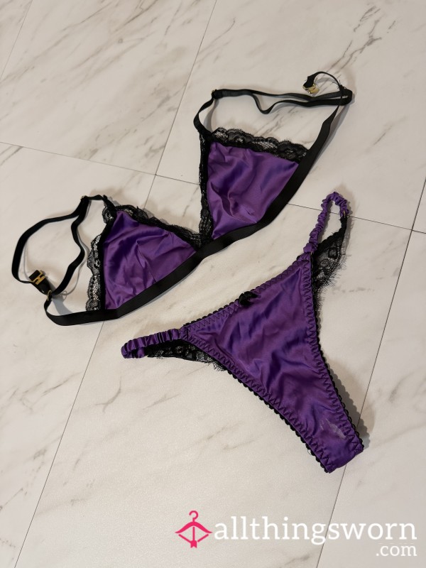 💜 Purple Satin + Lace Thong Lingerie Set 💜