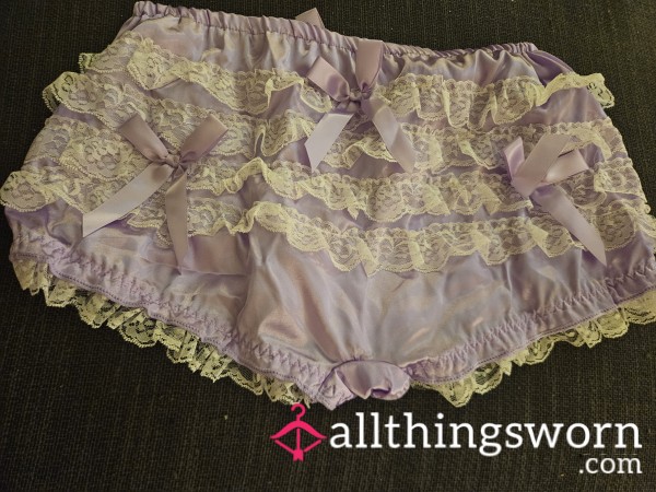 Purple Satin Like Panties With White Lace And Ruffles