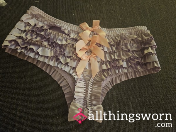 Purple Satin Like Thong With Ruffles And Pink Bows