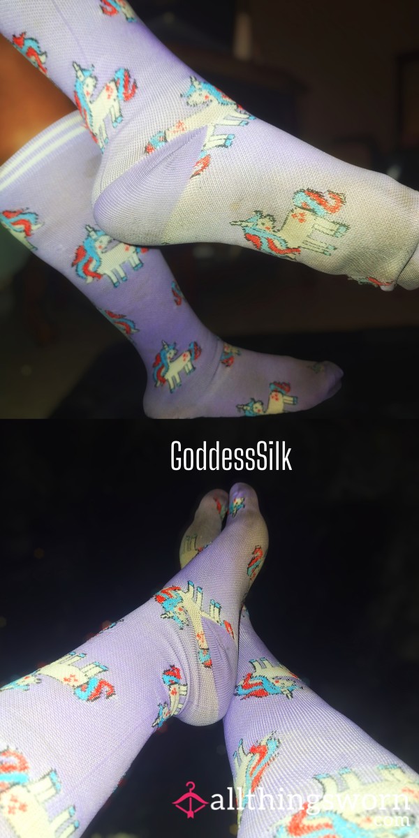 Purple Unicorn Print Socks,3 Days Worn, Thick Musky Aroma , Thigh Highs