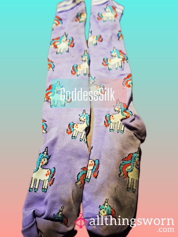 Purple Unicorn Print Socks,3 Days Worn, Thick Musky Aroma , Thigh Highs