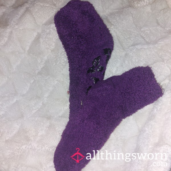 Purple Well Worn Fluffy Socks With "designer" Hole. Size 5-7EU