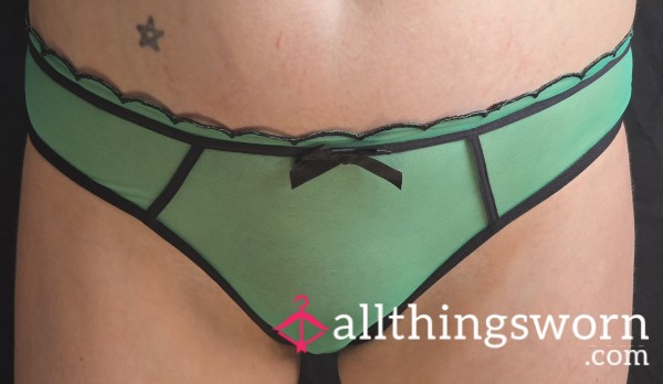 Pu**y Juice Soaked Panties Custom Wear Playful Promises Mint Green Sheer Mesh Thong With Black Trim
