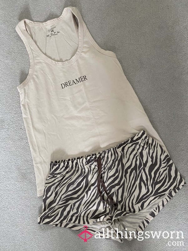 Pyjama Set- Beige Vest And Tiger Print Short Shorts