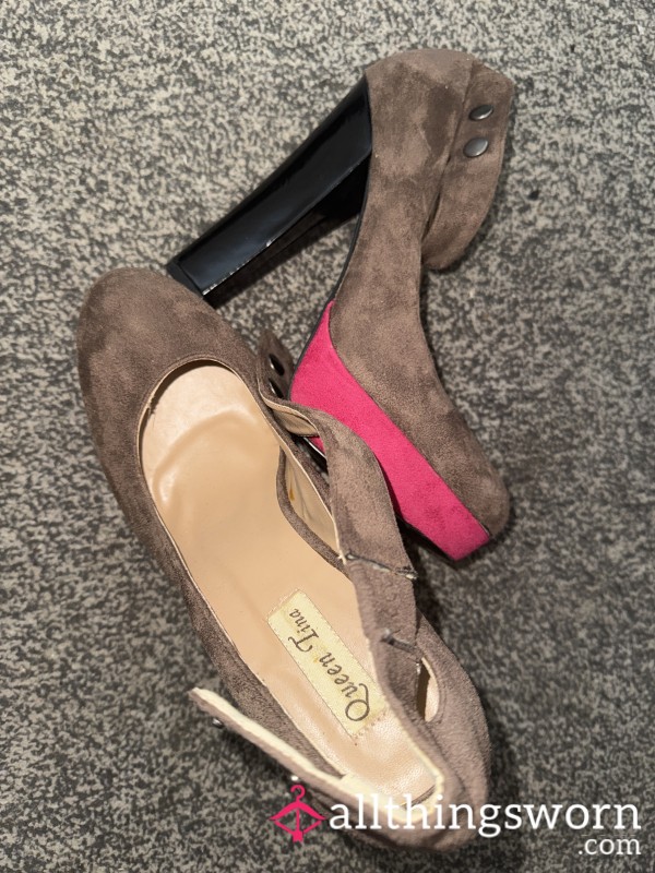 Queen Tina Brown & Pink Suede, Black Leather Heel