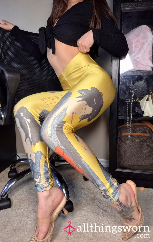 ㊗️Rare Black Milk Japanese Edo Samurai Geisha Yellow Leggings Satin Tights High Waisted Stretchy Pants Bottoms Asian Gym Girl Slim Thick Tattoos Booty Athletic Petite Fitness Model Trainer